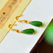 Load image into Gallery viewer, Lokaloca Original Flower Inlaid Drop-shaped Fine Jade Earrings
