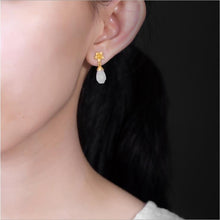 Load image into Gallery viewer, Designer Original New Inlaid Fine White Jade Magnolia Flower Earrings Fashion Gilt Craftsmanship Ladies Silver Jewelry
