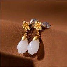 Load image into Gallery viewer, Designer Original New Inlaid Fine White Jade Magnolia Flower Earrings Fashion Gilt Craftsmanship Ladies Silver Jewelry
