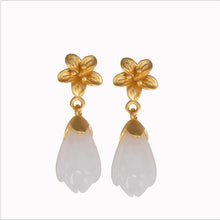 Load image into Gallery viewer, Designer Original New Inlaid Fine White Jade Magnolia Flower Earrings Fashion Gilt Craftsmanship Ladies Silver Jewelry
