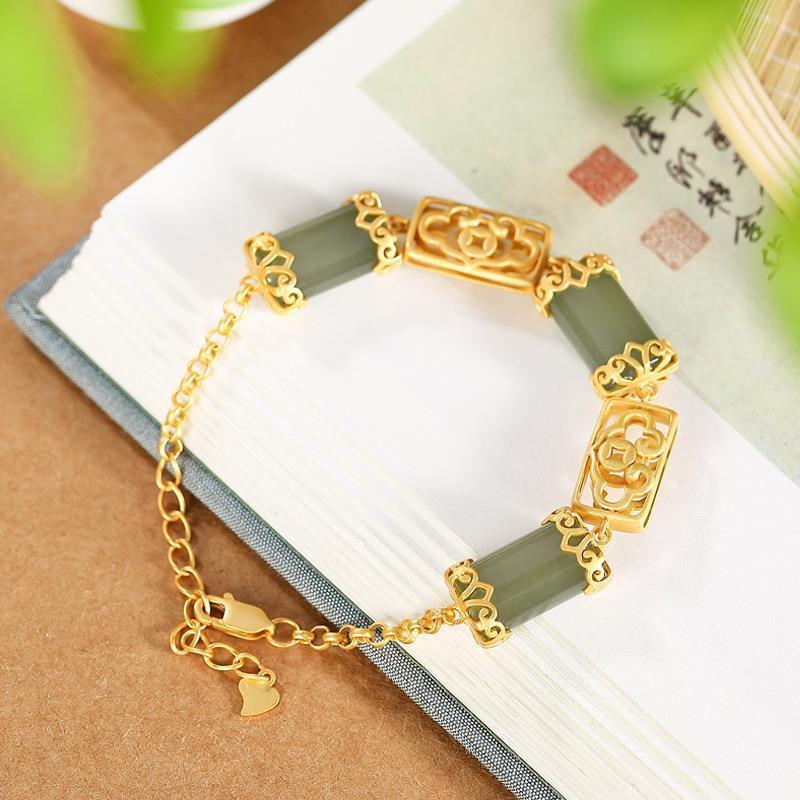 Designer Original New Inlaid Natural Fine Jade Bracelet Vintage Style Ruyi Exquisite and Elegant Ladies Silver Jewelry