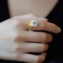 Load image into Gallery viewer, Designer Original Natural Fine White Jade Ancient Golden Flower Opening Adjustable Ring Luxury Ladies Jewelry
