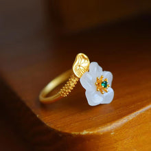 Load image into Gallery viewer, Designer Original Natural Fine White Jade Ancient Golden Flower Opening Adjustable Ring Luxury Ladies Jewelry
