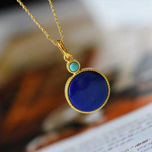 Load image into Gallery viewer, Designer Original Natural Fine Lapis Lazuli and Silver Inlaid Round Pendant Necklace Noble Ladies Jewelry
