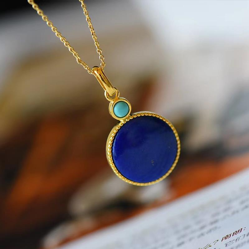 Designer Original Natural Fine Lapis Lazuli and Silver Inlaid Round Pendant Necklace Noble Ladies Jewelry