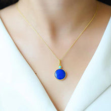 Load image into Gallery viewer, Designer Original Natural Fine Lapis Lazuli and Silver Inlaid Round Pendant Necklace Noble Ladies Jewelry
