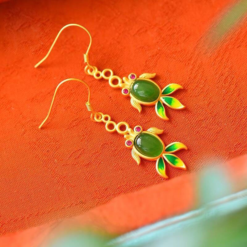 Designer Original Natural Fine Jade Enamel Porcelain Goldfish Earrings Retro Ethnic Style Ladies Silver Jewelry