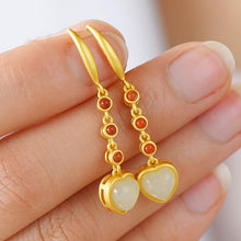 Load image into Gallery viewer, Designer Original Natural Fine White Jade Heart-shaped Long Earrings Elegant Luxury Exquisite Ladies Silver Jewelry
