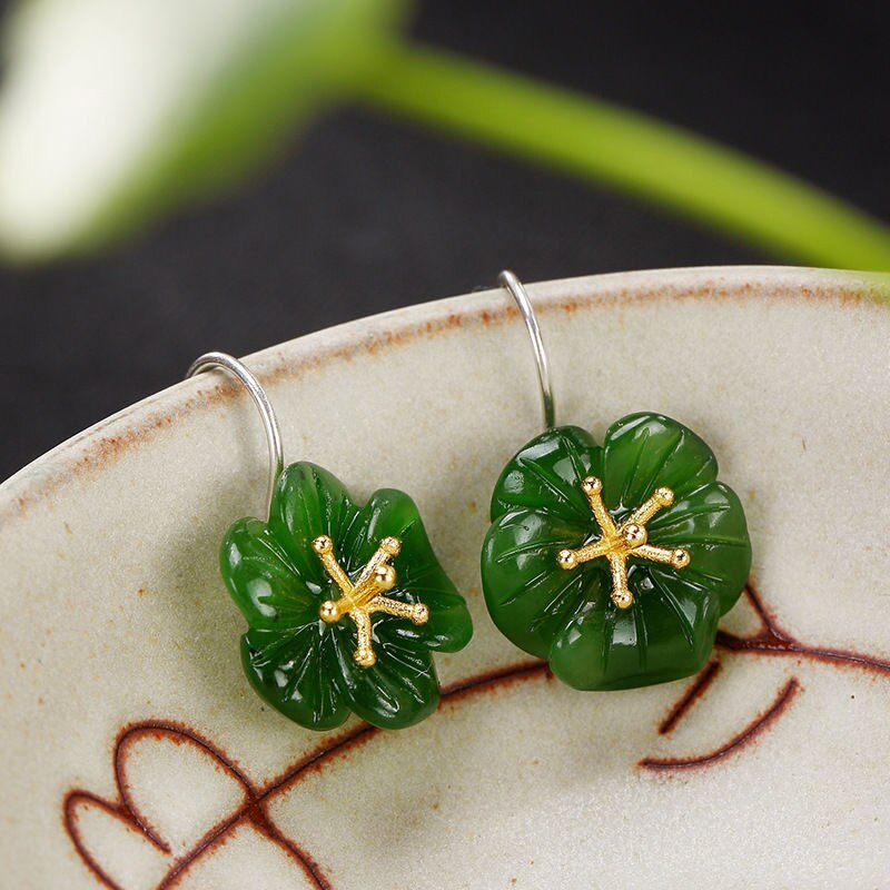 Lokaloca Original Natural Fine Jade Jasper Green Plum Blossom Earrings