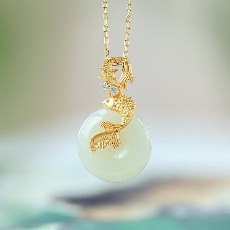 Designer Original Natural Fine White Jade Koi Pendant Necklace Retro Luxury Ladies Silver Jewelry