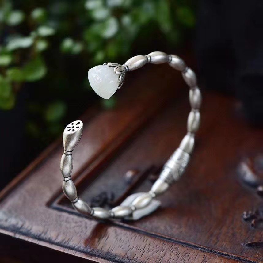 Designer Original New Natural Fine White Jade Lotus Bracelet Exquisite Elegant Luxury Ladies Silver Jewelry