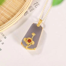 Load image into Gallery viewer, Designer Original Natural Fine Smoky Jade Lotus Gilt Necklace Pendant Retro Elegant Lady Silver Jewelry
