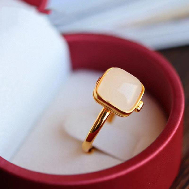 Designer Original New Natural Fine White Jade Opening Adjustable Ring Retro Vintage Style Ladies Silver Jewelry