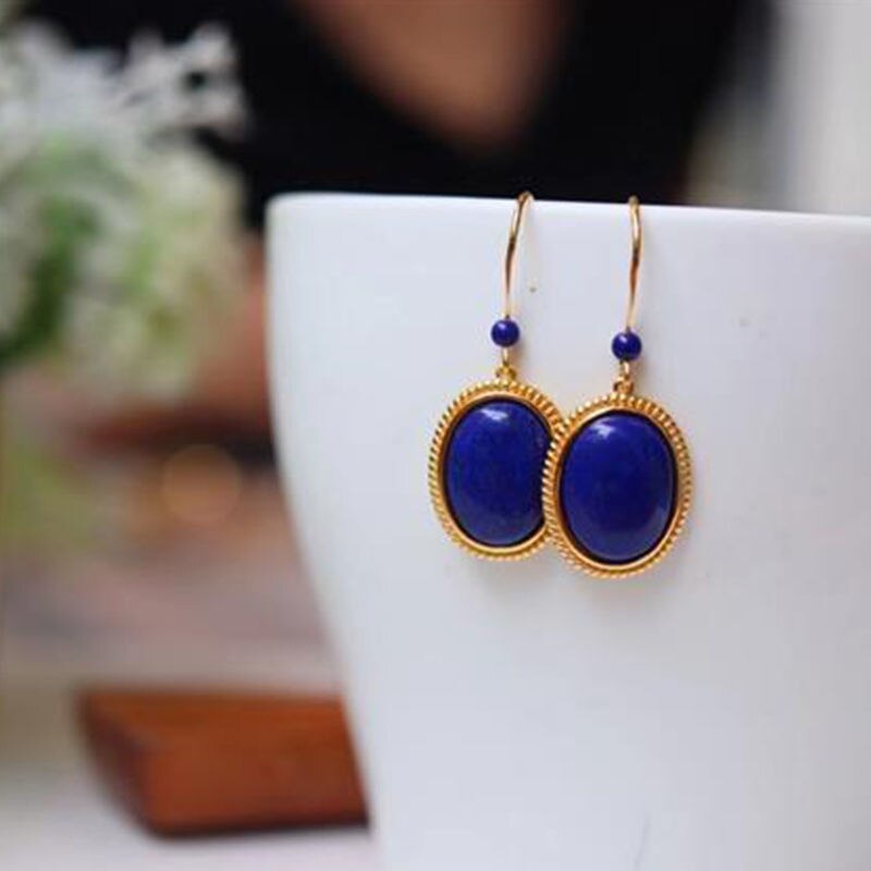 Designer Original Oval Lapis Lazuli Earrings Exquisite Ladies Silver Jewelry