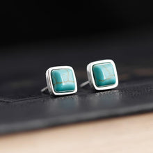 Load image into Gallery viewer, Designer Original Retro Vintage Style Inlaid Turquoise Square Earrings Exquisite Small and Simple Ladies Silver Jewelry
