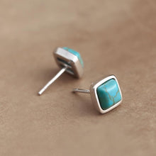 Load image into Gallery viewer, Designer Original Retro Vintage Style Inlaid Turquoise Square Earrings Exquisite Small and Simple Ladies Silver Jewelry
