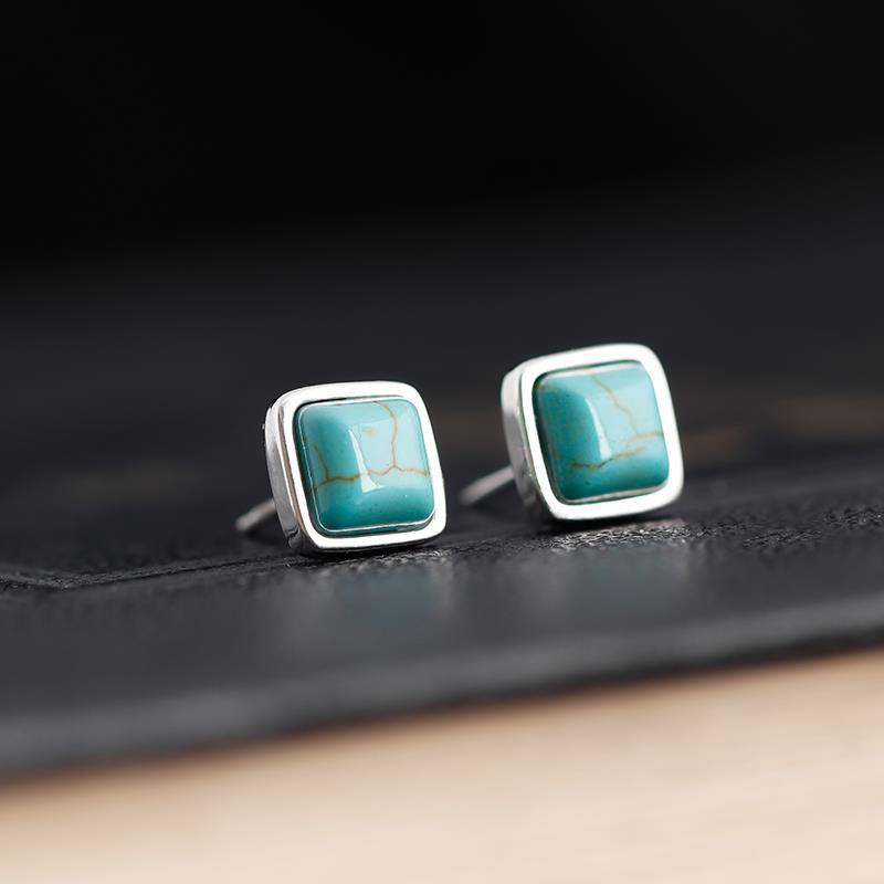 Designer Original Retro Vintage Style Inlaid Turquoise Square Earrings Exquisite Small and Simple Ladies Silver Jewelry