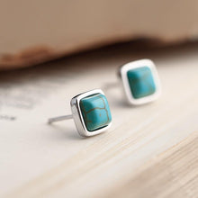 Load image into Gallery viewer, Designer Original Retro Vintage Style Inlaid Turquoise Square Earrings Exquisite Small and Simple Ladies Silver Jewelry
