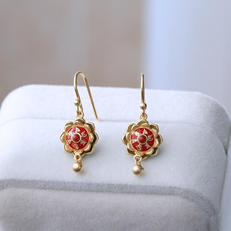 Designer Original ew Silver Tibetan Tassel Lotus Red Earrings Vintage Style Retro Charm Ladies Jewelry