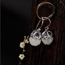 Load image into Gallery viewer, Designer Original Silver Inlaid Fine Jade Lotus Earrings Retro Ladies Exquisite Silver Jewelry
