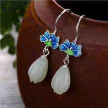 Load image into Gallery viewer, Designer Original Silver Inlaid Fine White Jade Magnolia Cloisonne Earrings Exquisite Ladies Jewelry
