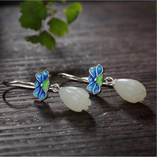 Load image into Gallery viewer, Designer Original Silver Inlaid Fine White Jade Magnolia Cloisonne Earrings Exquisite Ladies Jewelry
