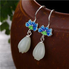 Load image into Gallery viewer, Designer Original Silver Inlaid Fine White Jade Magnolia Cloisonne Earrings Exquisite Ladies Jewelry
