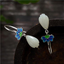 Load image into Gallery viewer, Designer Original Silver Inlaid Fine White Jade Magnolia Cloisonne Earrings Exquisite Ladies Jewelry
