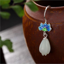 Load image into Gallery viewer, Designer Original Silver Inlaid Fine White Jade Magnolia Cloisonne Earrings Exquisite Ladies Jewelry
