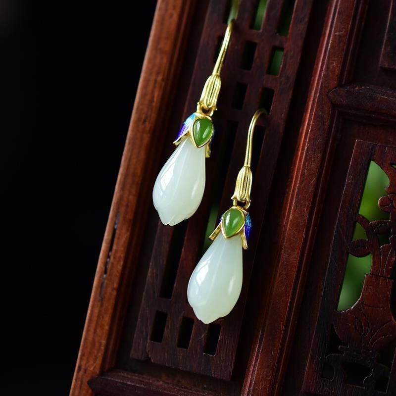 Designer Original Silver Inlaid Fine Jade Flower Earrings Elegant Charm and Exquisite Jewelry for Women