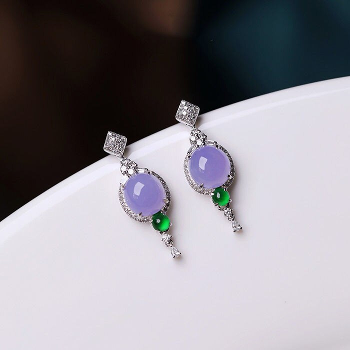 Designer Original Silver Inlaid Ice Purple Jade Round Earrings Fashion Ladies Jewelry