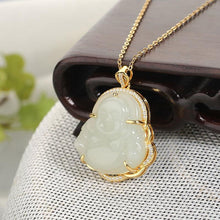 Load image into Gallery viewer, Designer Original Silver Inlaid Natural Fine White Jade Maitreya Buddha Pendant Necklace Elegant Lucky Jewelry
