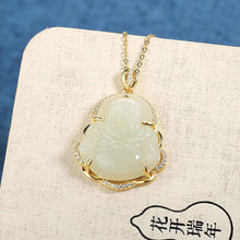 Load image into Gallery viewer, Designer Original Silver Inlaid Natural Fine White Jade Maitreya Buddha Pendant Necklace Elegant Lucky Jewelry
