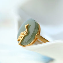 Load image into Gallery viewer, Designer Original Silver Inlaid Natural Fine Jade Crane Opening Adjustable Ring Simple Retro Men and Women Jewelry
