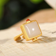 Load image into Gallery viewer, Designer Original Silver Inlaid Natural Fine White Jade Square Opening Adjustable Ring
