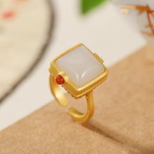 Load image into Gallery viewer, Designer Original Silver Inlaid Natural Fine White Jade Square Opening Adjustable Ring
