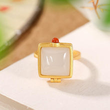 Load image into Gallery viewer, Designer Original Silver Inlaid Natural Fine White Jade Square Opening Adjustable Ring
