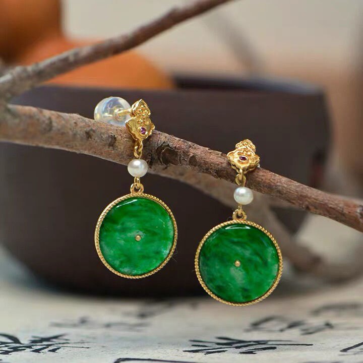 Lokaloca Original Silver Inlaid Natural Jade Round Earrings