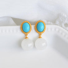 Load image into Gallery viewer, Designer Original Silver Inlaid Natural Turquoise Fine White Jade Earrings Simple and Exquisite Ladies Jewelry
