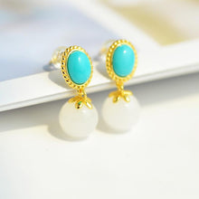 Load image into Gallery viewer, Designer Original Silver Inlaid Natural Turquoise Fine White Jade Earrings Simple and Exquisite Ladies Jewelry
