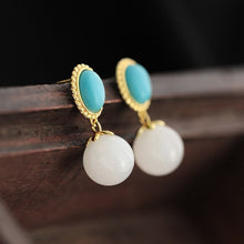 Load image into Gallery viewer, Designer Original Silver Inlaid Natural Turquoise Fine White Jade Earrings Simple and Exquisite Ladies Jewelry
