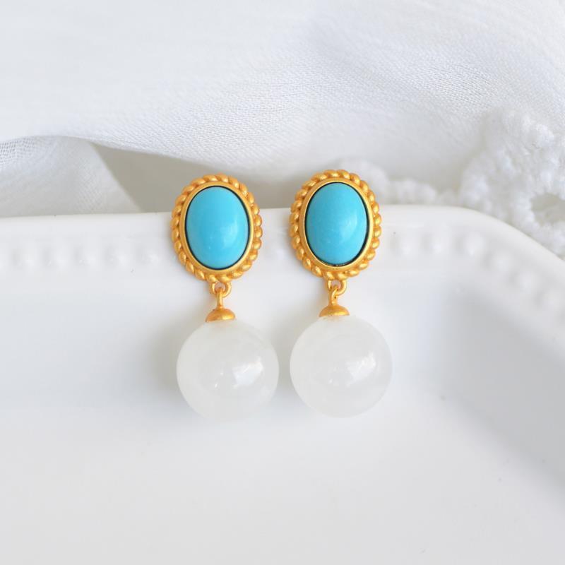 Designer Original Silver Inlaid Natural Turquoise Fine White Jade Earrings Simple and Exquisite Ladies Jewelry