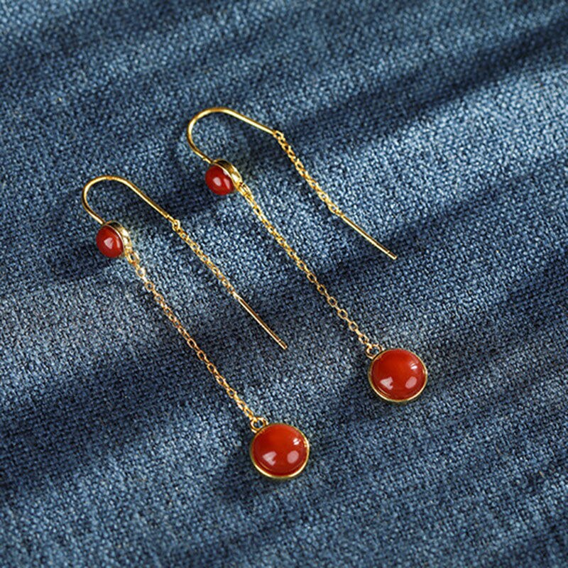 Designer Original Silver Inlaid Southern Red Agate French Earrings Classical Women's Jewelry