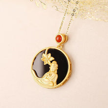 Load image into Gallery viewer, Designer Original Natural Fine Black Agate Gilt Golden Lotus Buddha Pendant Lady Silver Jewelry
