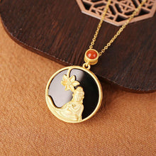 Load image into Gallery viewer, Designer Original Natural Fine Black Agate Gilt Golden Lotus Buddha Pendant Lady Silver Jewelry
