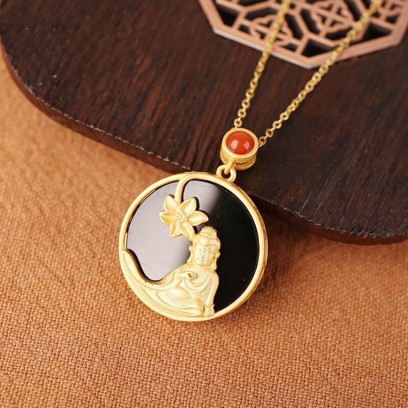 Designer Original Natural Fine Black Agate Gilt Golden Lotus Buddha Pendant Lady Silver Jewelry