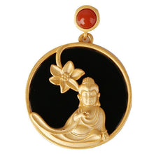 Load image into Gallery viewer, Designer Original Natural Fine Black Agate Gilt Golden Lotus Buddha Pendant Lady Silver Jewelry
