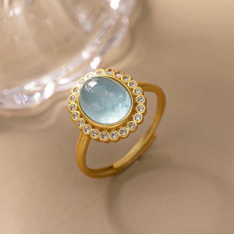 Designer Original Silver Inlaid Natural Fine AquamarineFashion Ladies Open Adjustable Ring Vintage Retro Jewelry