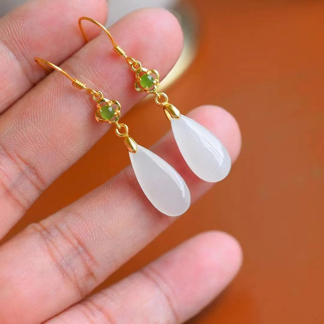 Designer's Unique and Creative Inlaid Natural Fine White Jade Drop Earrings Exquisite Ladies Silver Jewelry