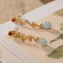 Load image into Gallery viewer, Designer&#39;s Unique Craftsmanship Inlaid Orchid White Chalcedony Long Earrings Vintage Style Ladies Silver Jewelry
